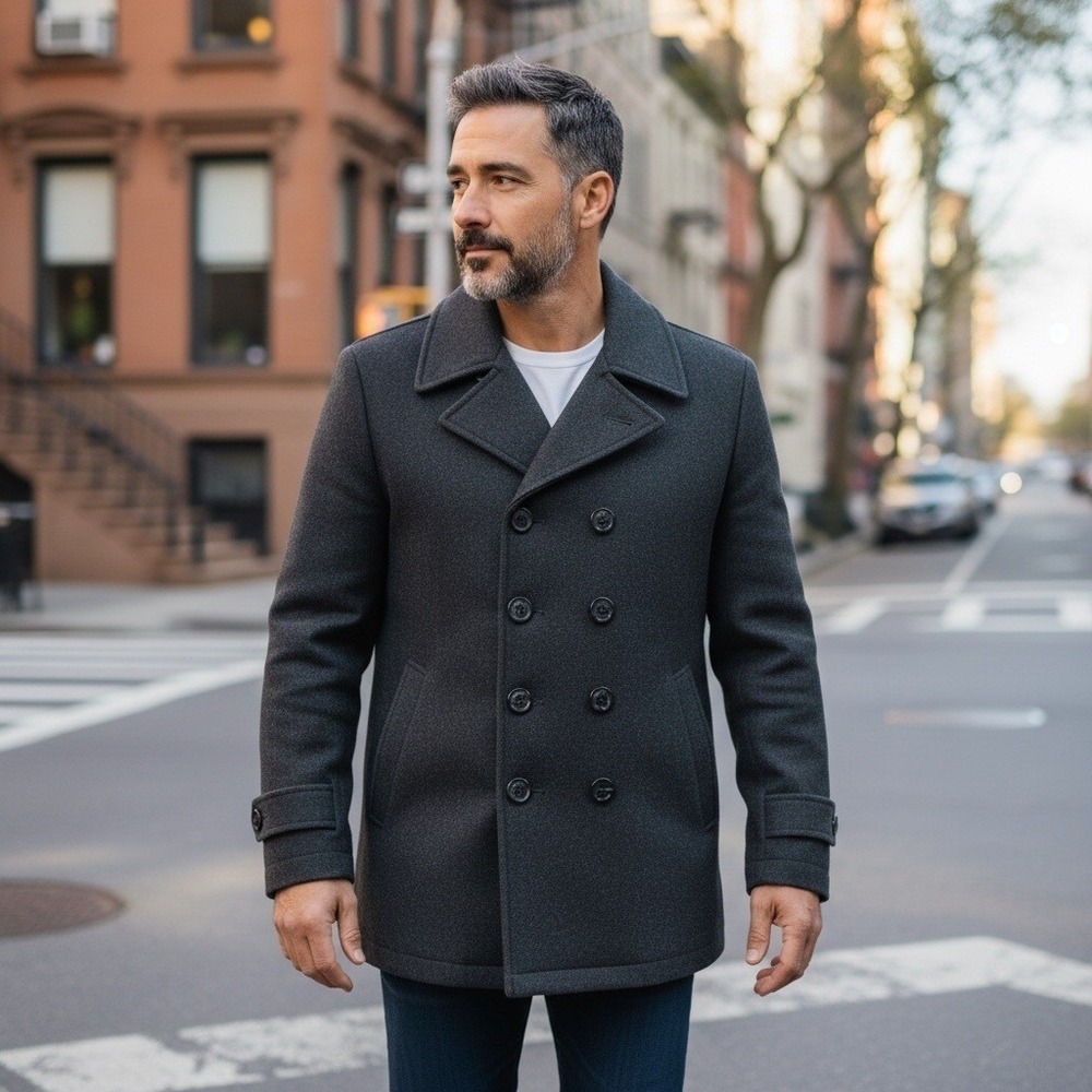 Arjun Vintage Men's Black Double Breasted Wool Blend Peacoat Jacket Size L‎
